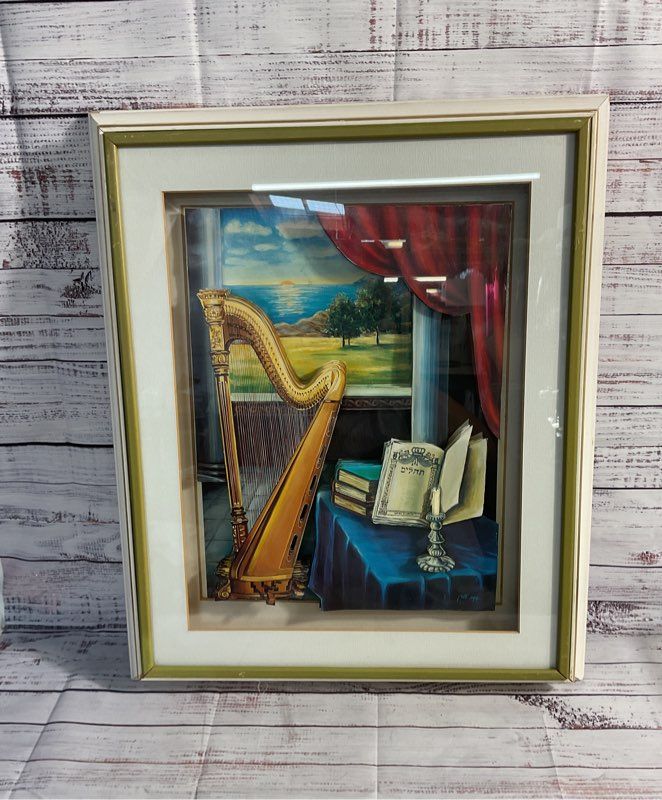 Harp and Prayer Book Window View 3D Effect Art Print Rachel Brodie