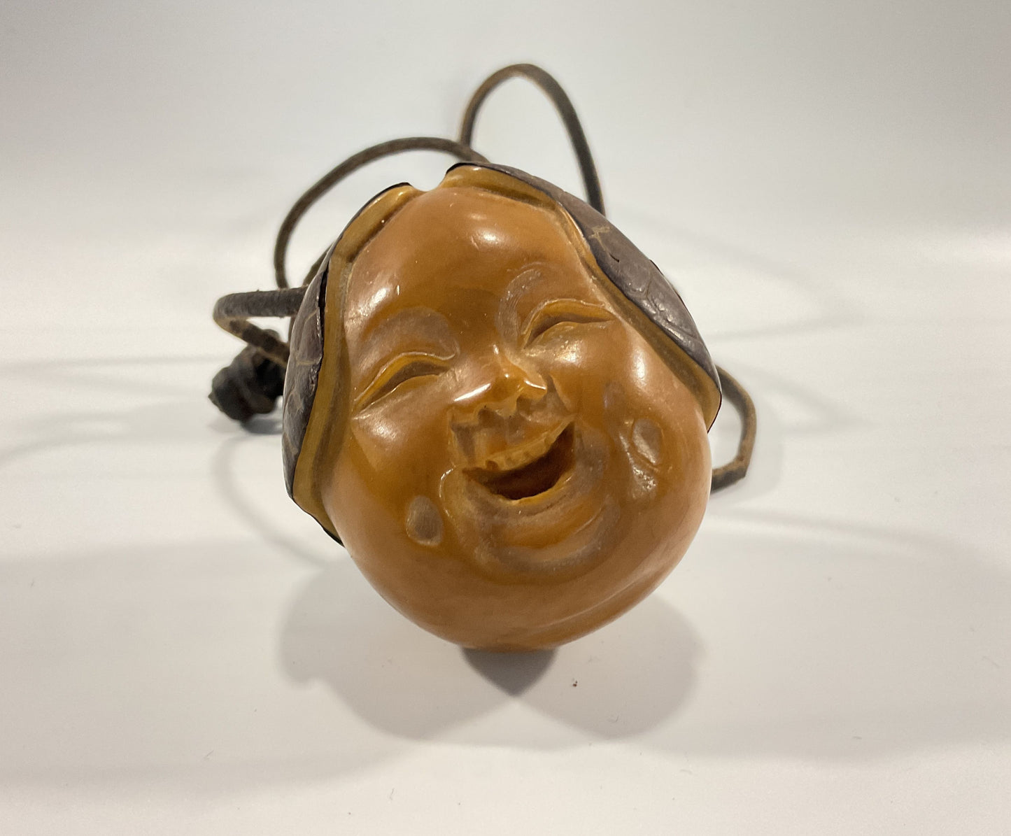 Vintage Artist Signed Hand Carved Japanese Tagua Nut Face Pendant Necklace