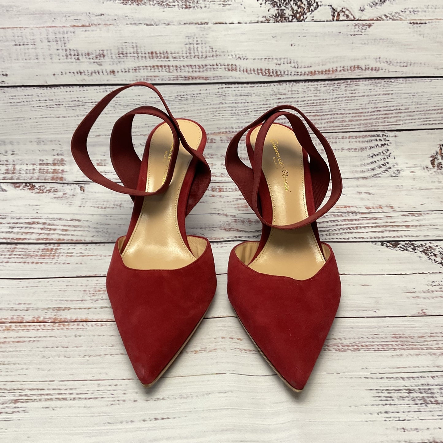Gianvito Rossi Red Suede Elastic Ankle Strap Slingback Heel Women 7
