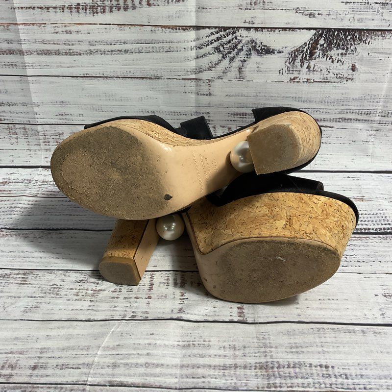 Nicholas Kirkwood Maya Pearl Black Satin & Cork Block Heel Women's 6.5 US