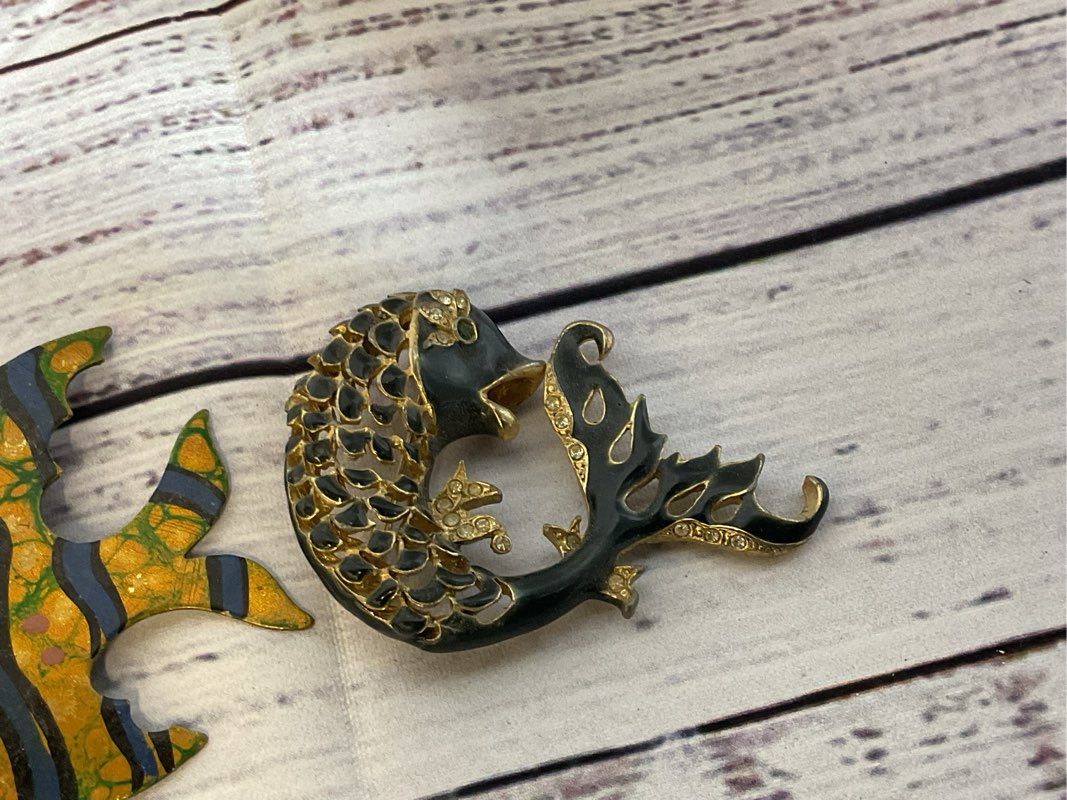 Set of 2 VTG. Brass & Enamel Fish Brooches