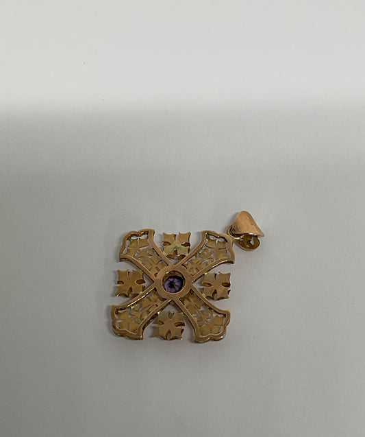 Ornate 14K Yellow Gold Cross Pendant with Purple Sapphire