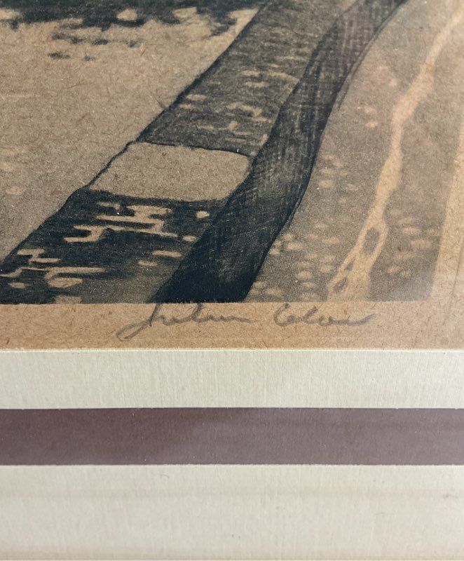 Julien Celos 1884-1953 Belgium Canal Scene Charcoal Etching Signed Print