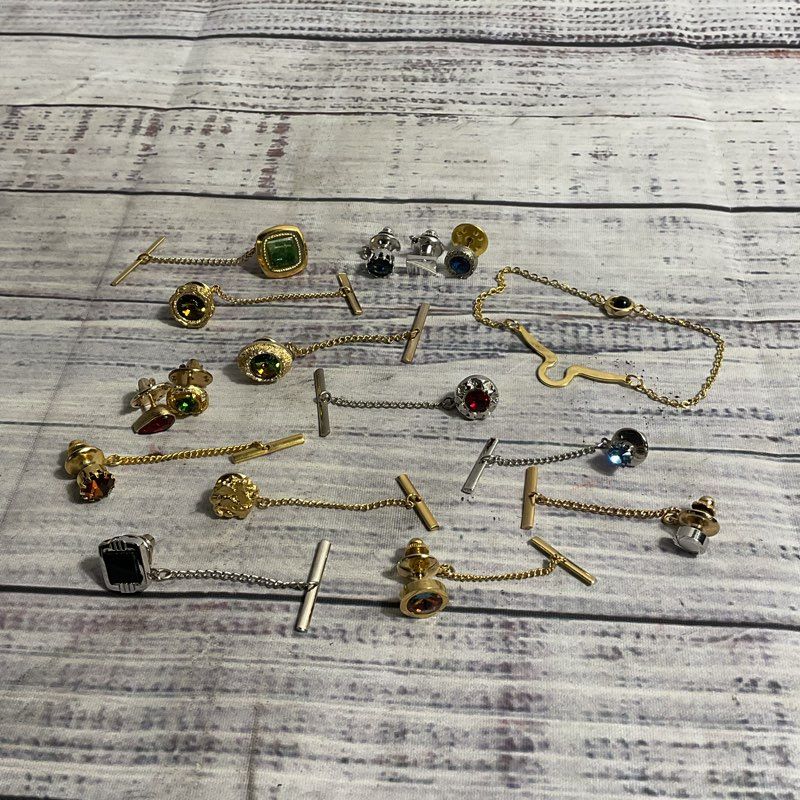 16 pc. Mixed Lot Men's Tie Pins/Chains Metal Costume Jewelry *READ DESC*