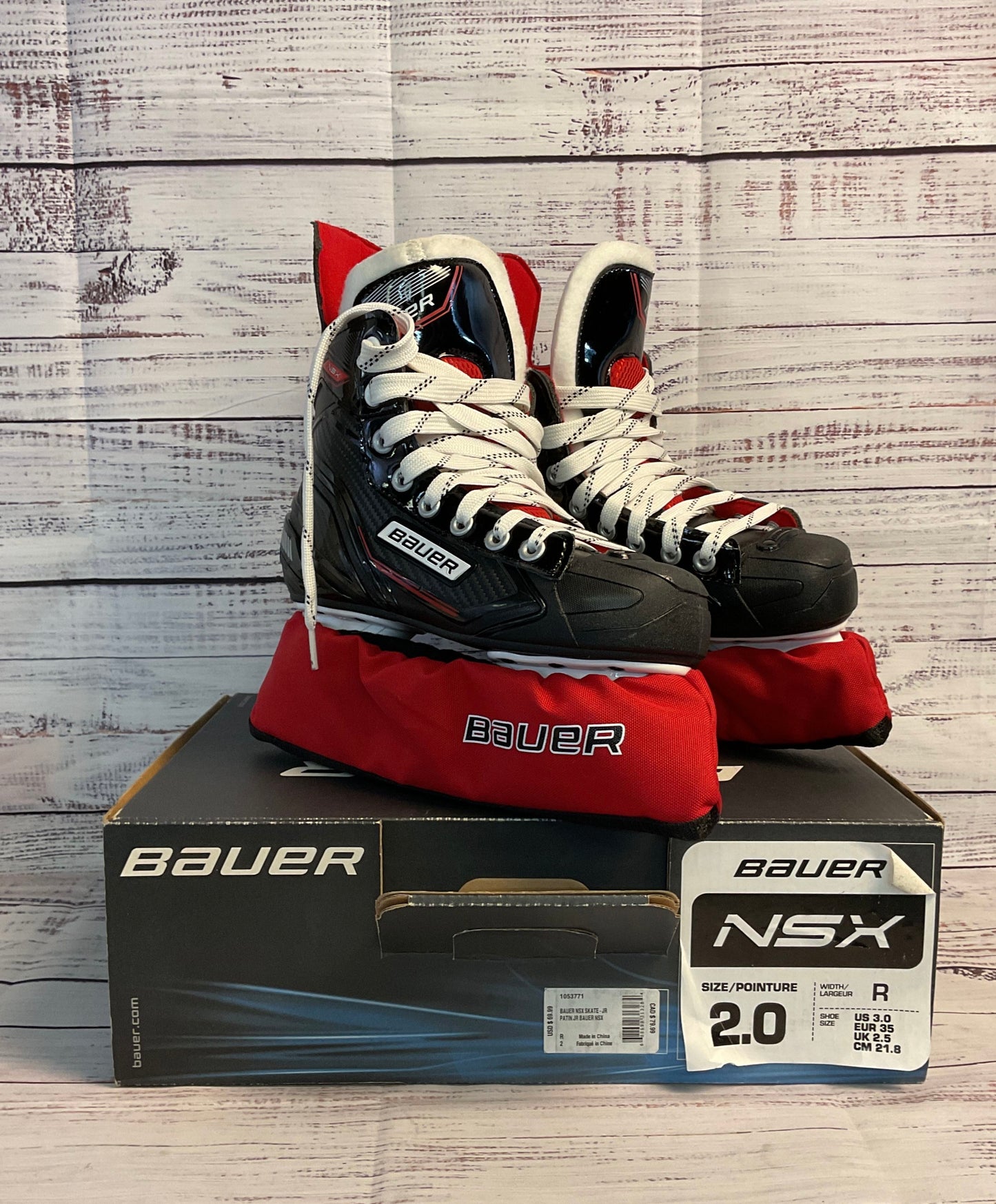 Bauer NSX Juniors Ice Hockey Skates- Black and Red, Size: 3 with Skate Guards