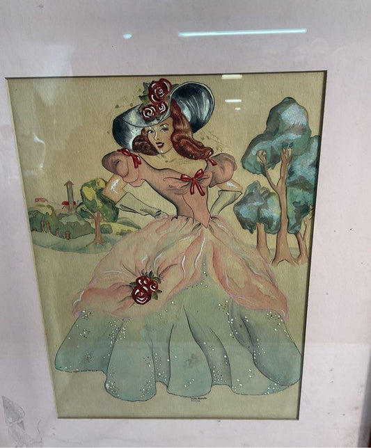 Vintage 1944 Watercolor Artwork of Women in Ballgown Signed