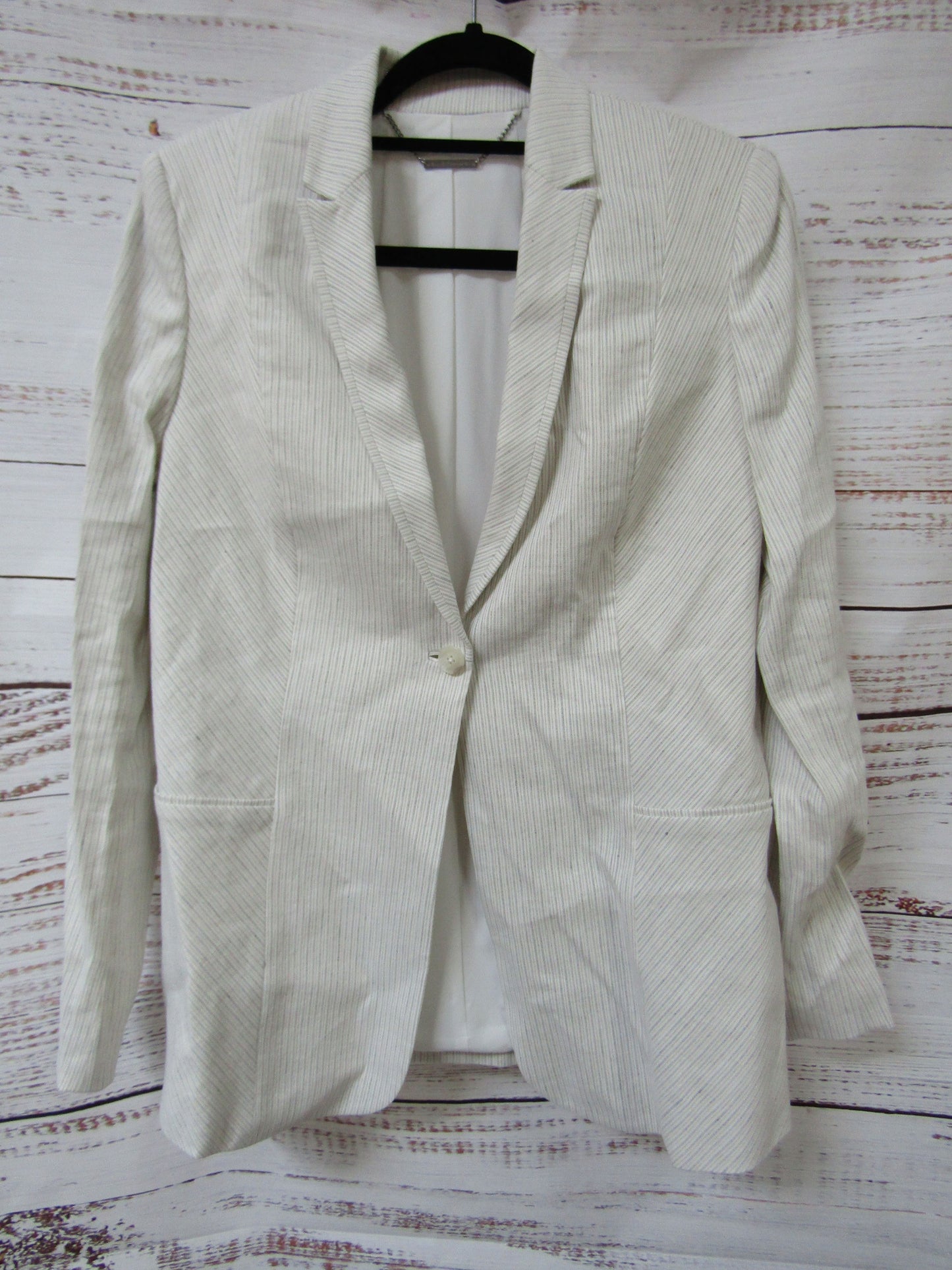 Elie Tahari Ivy Women's White Striped Linen Blend Blazer Jacket Size 12