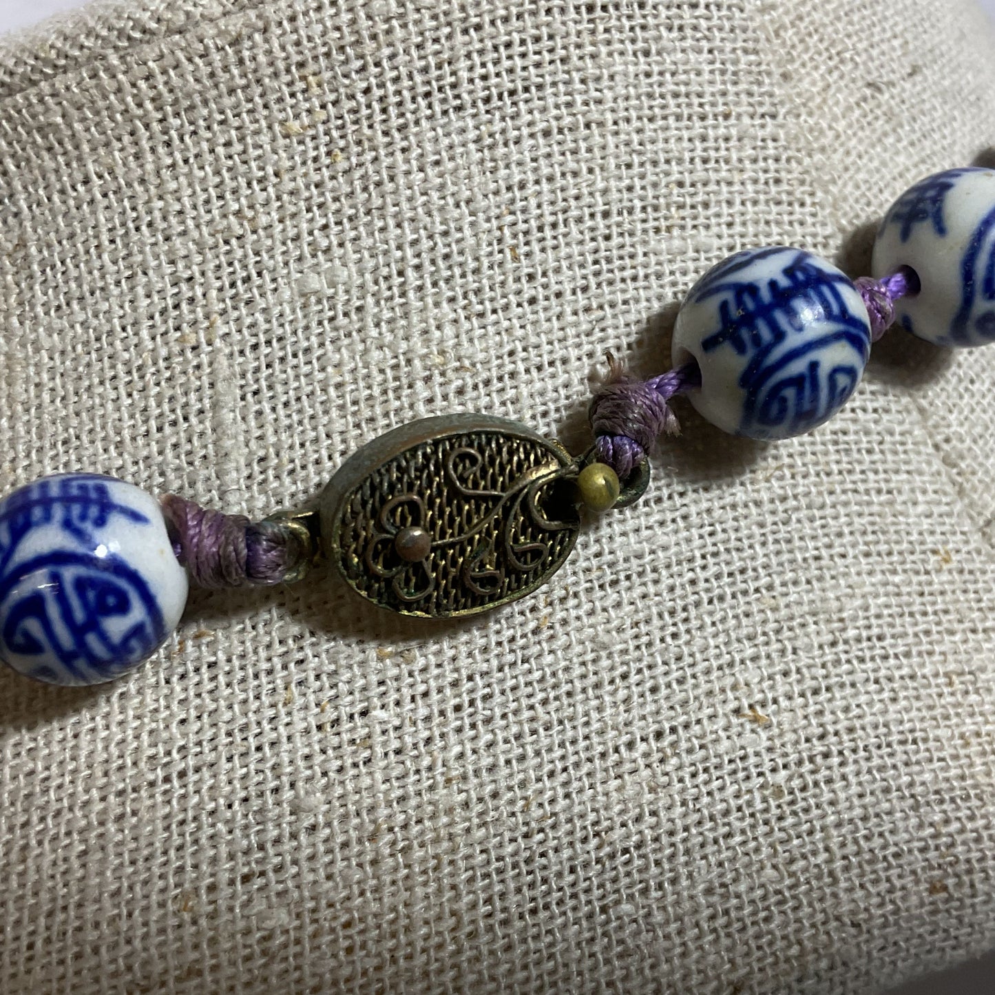 VTG./ANTIQUE Chinese Hand Knotted Blue White Painted Porcelain Beads- 31"