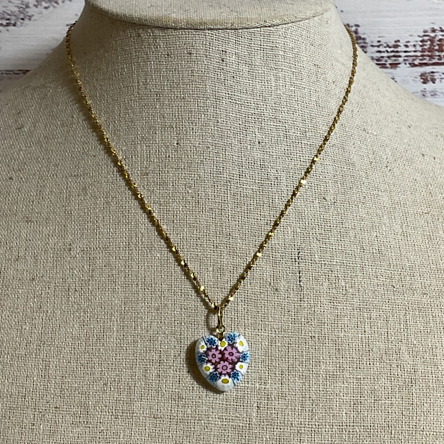 14K Yellow Gold & Millefiori Heart Pendant 16" Chain Necklace- 6.42g