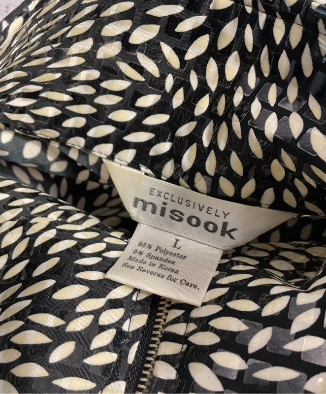 Misook Women's Black & White Floral Print Polyester Blend Full Zip Jacket Sz L