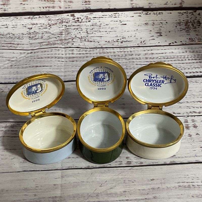 Set of 3 VTG. CRUMMLES & CO. 1992,93,94 Chrysler Bob Hope Classic Trinket Boxes