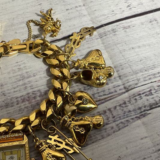 VTG. KIRKS FOLLY Gold Tone & Rhinestone Watch & Charms Bracelet- 7"