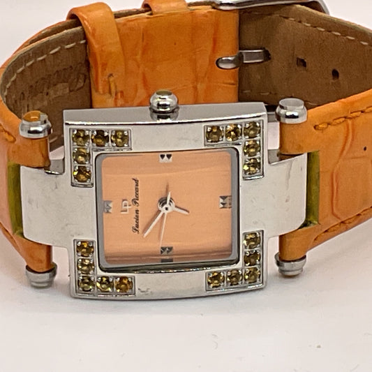 LUCIEN PICCARD Women's Square Stainless Rhinestone Orange Leather Band Watch