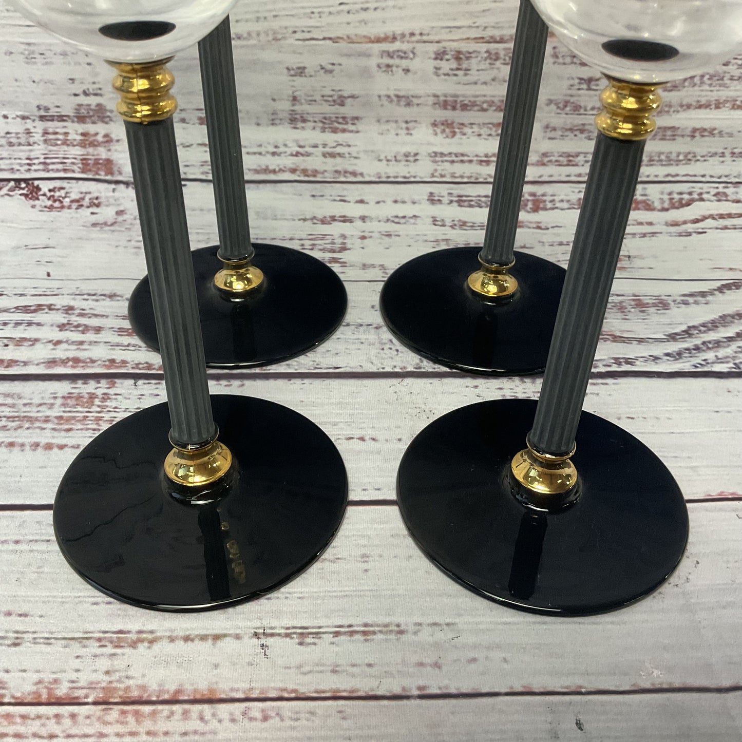 Sasaki Water/Wine Glasses Black Stem Base Gold Accents Set Of 4 2/3