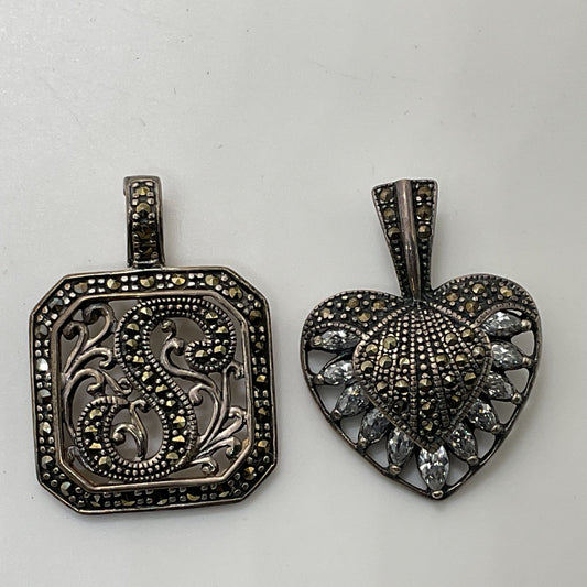 Set of 2 VTG. Sterling Silver Marcasite Rhinestone Art Deco Pendants- 14.20g