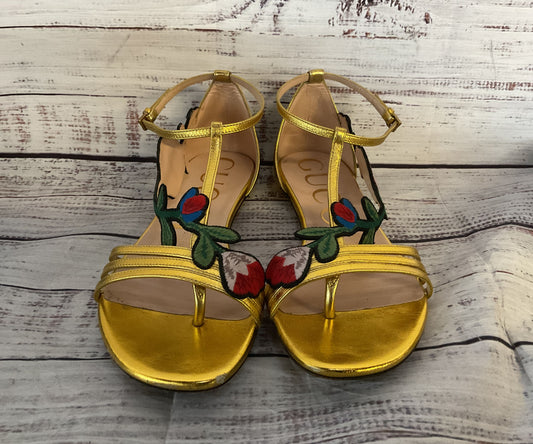 Gucci Leather Ophelia Floral Embroidered Flat Sandals Gold 6