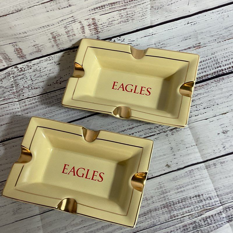 Set of 2 VTG. VIBEE Yellow with Gold Accent Ashtrays- 6" x 4"