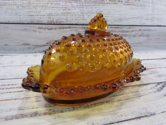 Vintage L.E. Smith Hobnail Amber Glass Covered Butter Tray Shaker
