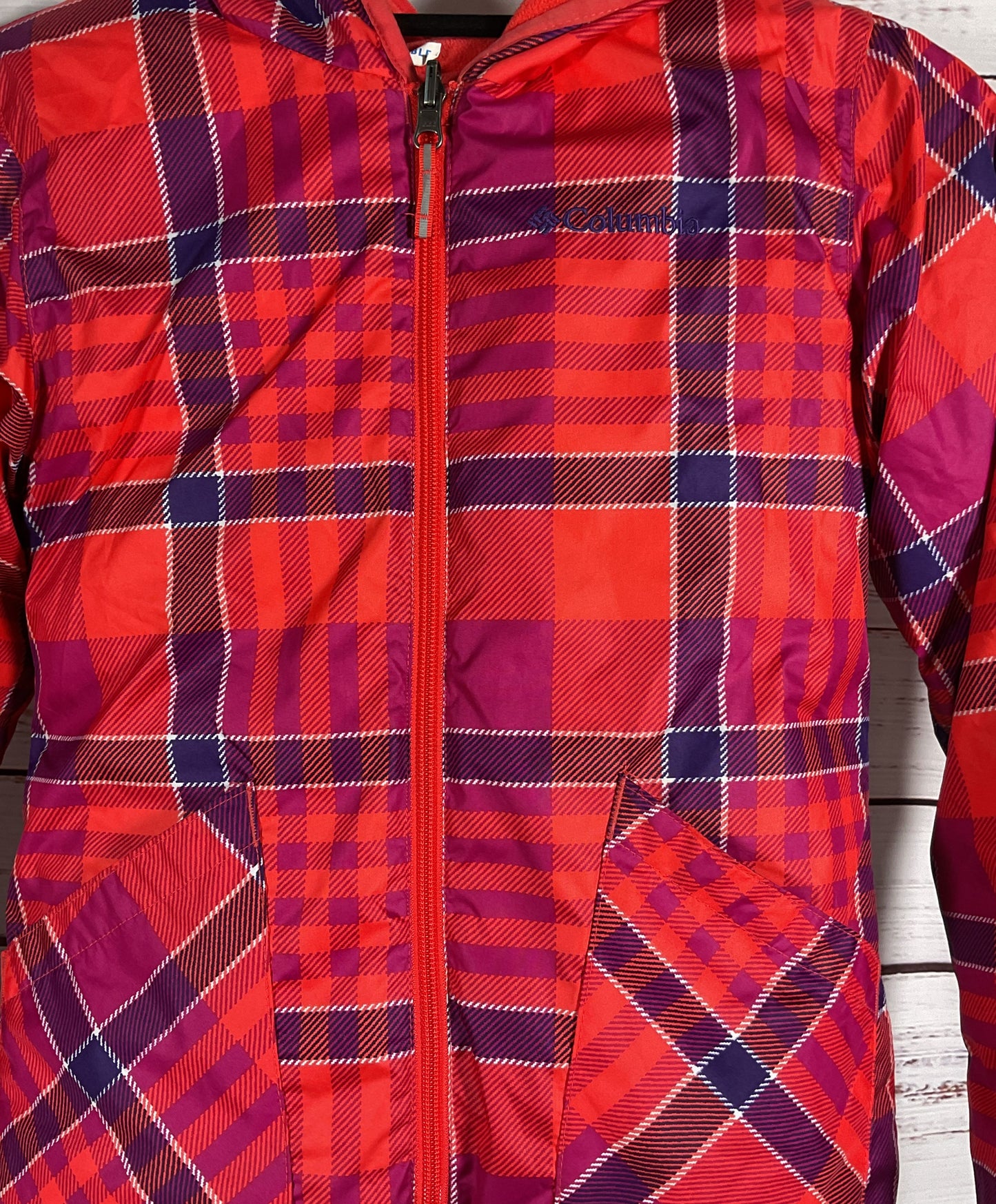 Columbia Reversible Padded Insulated Hooded Jacket Red Plaid Kids M 14-16
