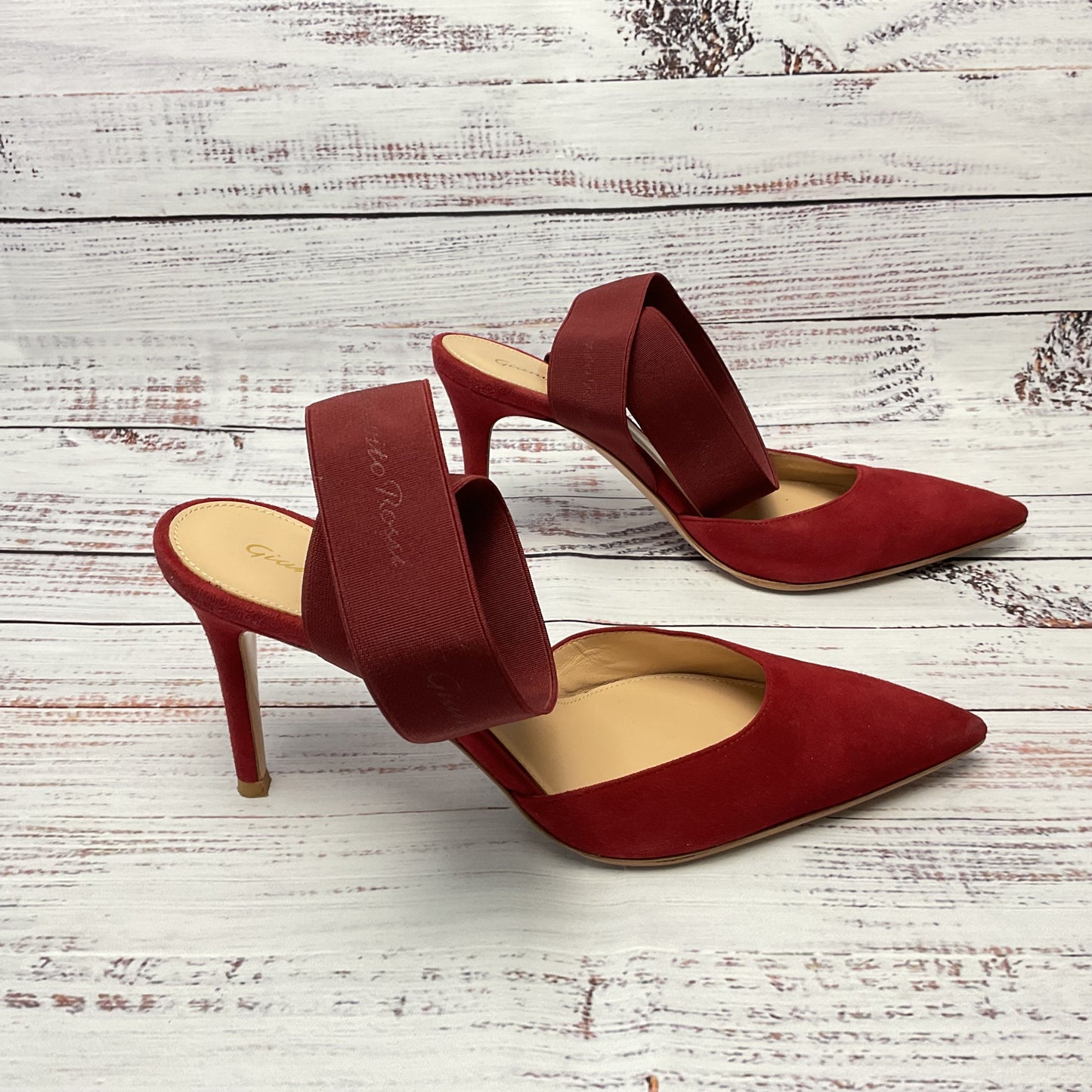 Gianvito Rossi Red Suede Elastic Ankle Strap Slingback Heel Women 7