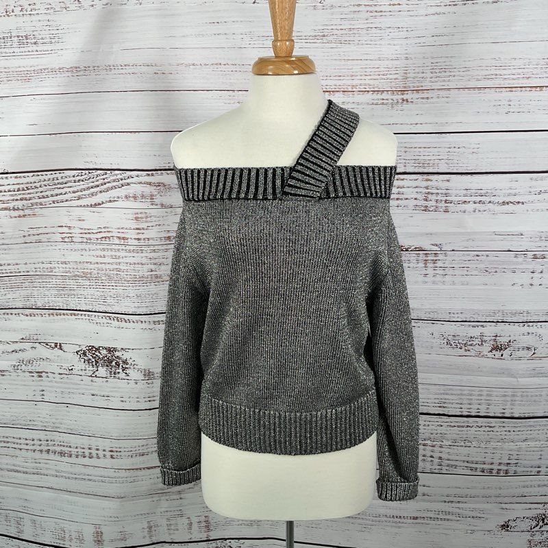 RtA Metallic Silver & Black Off Shoulder Knit Sweater - Size S