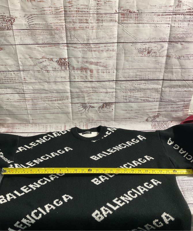 Balenciaga Sweater All Over Logo Wool Knit Pullover Size XL Black