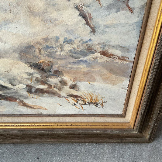 1991 Rich Pelletreau Painting of Two Bighorn Sheep on a Snowy Peak 36" Framed