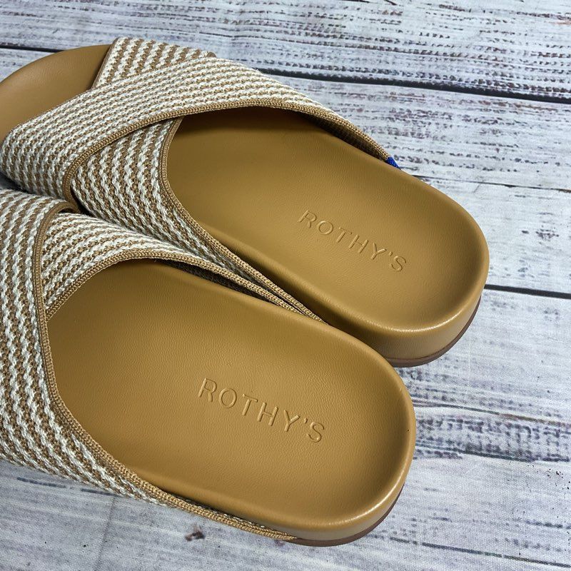 Rothy's The Weekend Slide Beige White Stripe Knit Strap Sandal Women 7