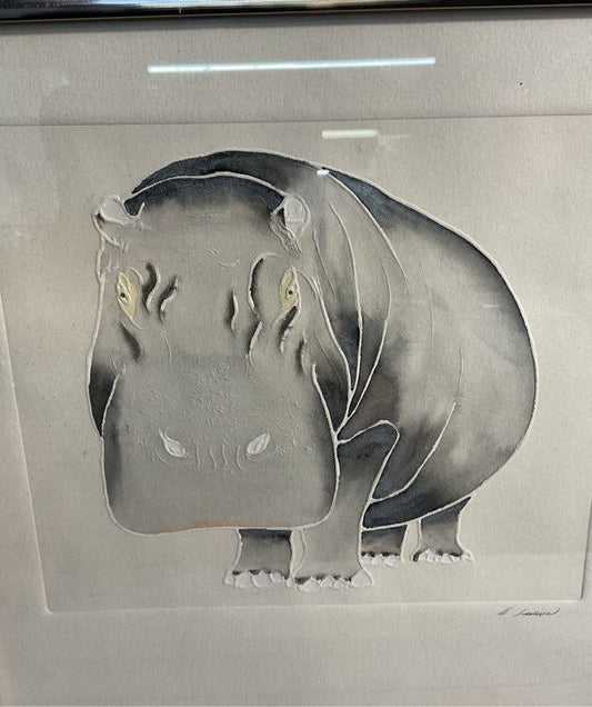 Vintage Hippopotamus Embossed Grey Watercolor Artwork Signed Jeniya?