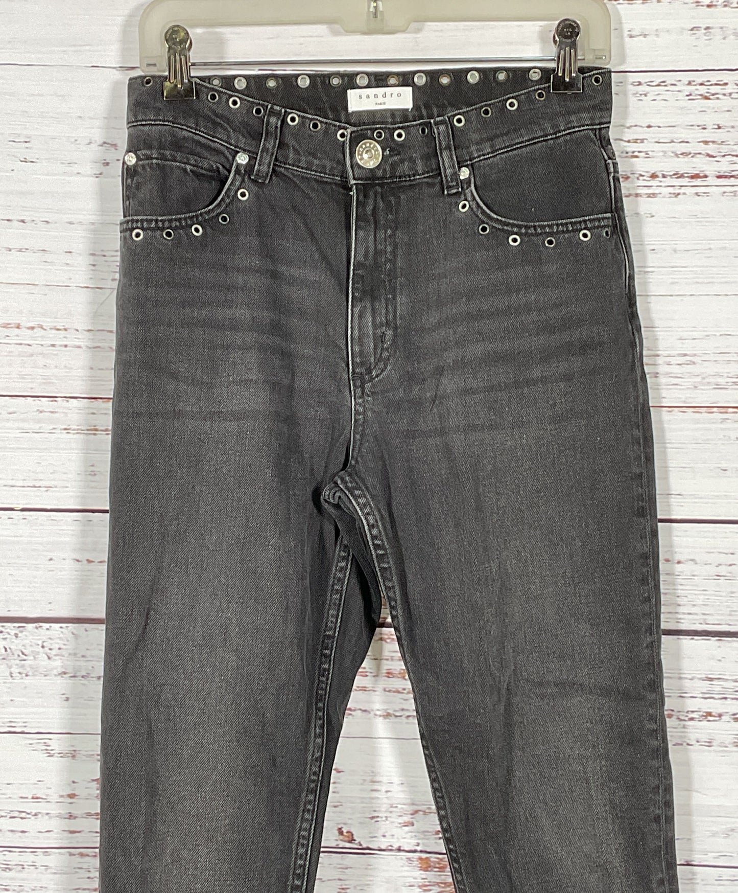 Sandro Embellished Eyelets High Rise Denim Skinny Jeans Black 38