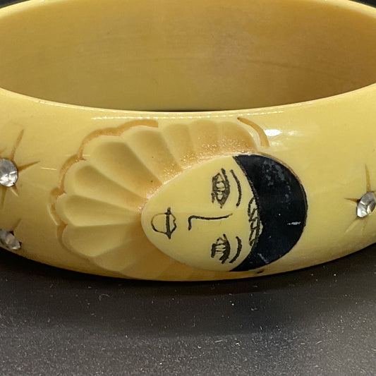 VTG./ANTIQUE Galalith French Bakelite Carved Pierrot Clown Bangle Braclet- 7.5"
