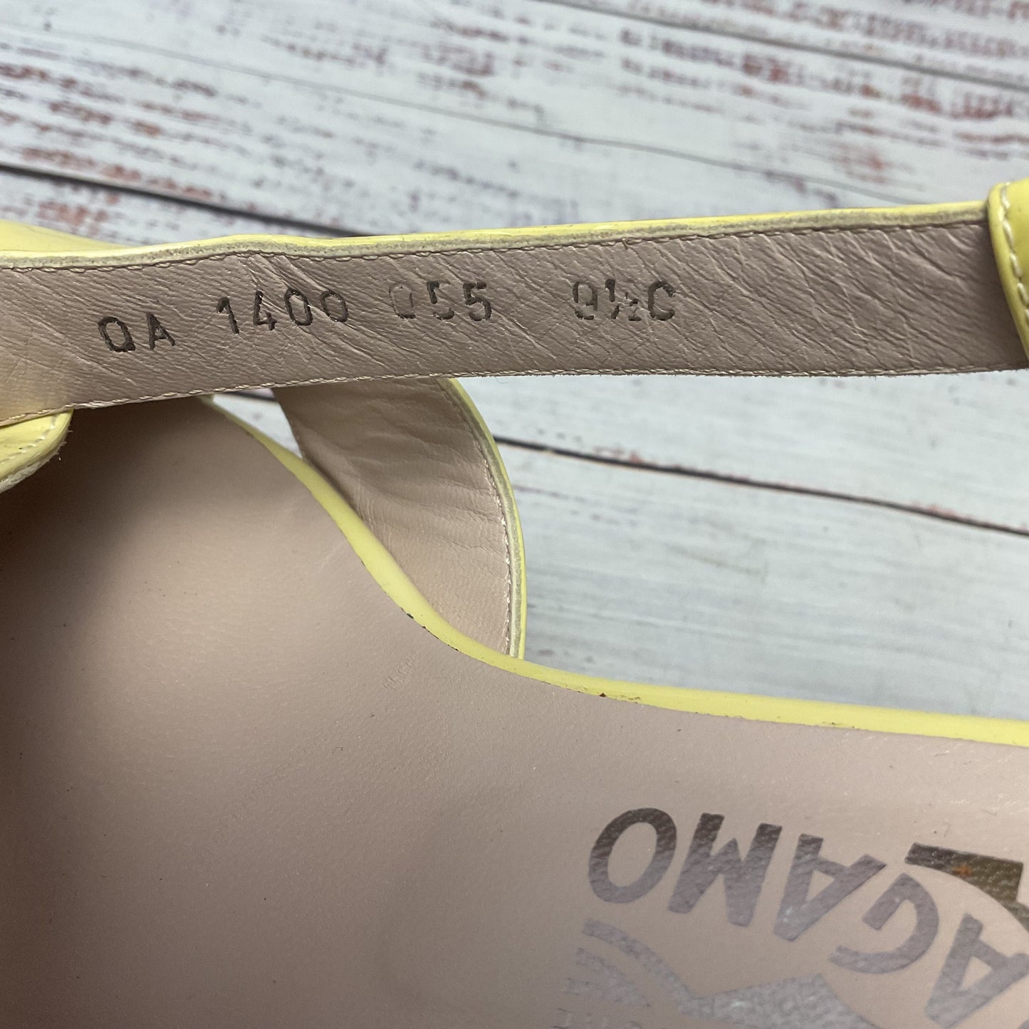 Ferragamo Yellow Patent Leather Peep Toe Wedge Heel Women Size 9.5