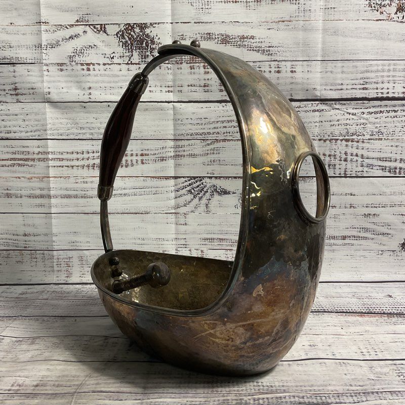 Vintage Hand Hammered Silverplate & Rosewood Italian Wine Caddy Bottle Holder
