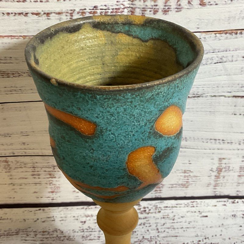 VTG. Pottery Goblet With Wood Stem- 7.75"