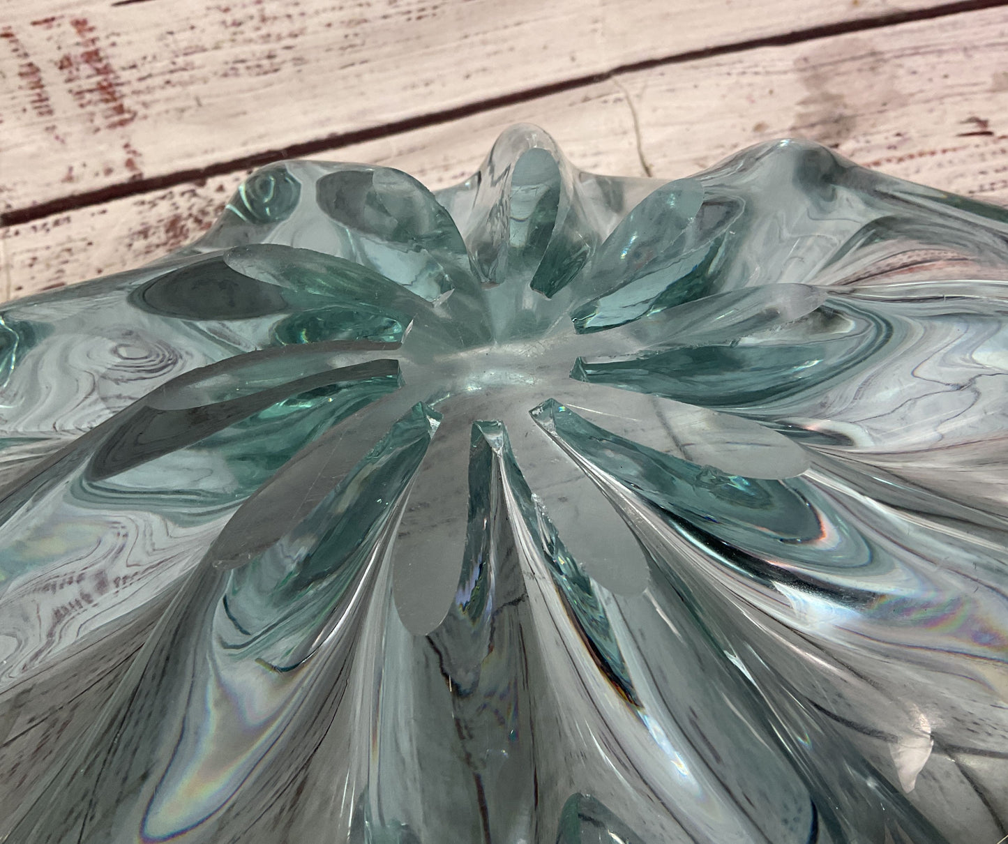 Modern Curved Murano Style Decorative Art Glass Bowl Blue