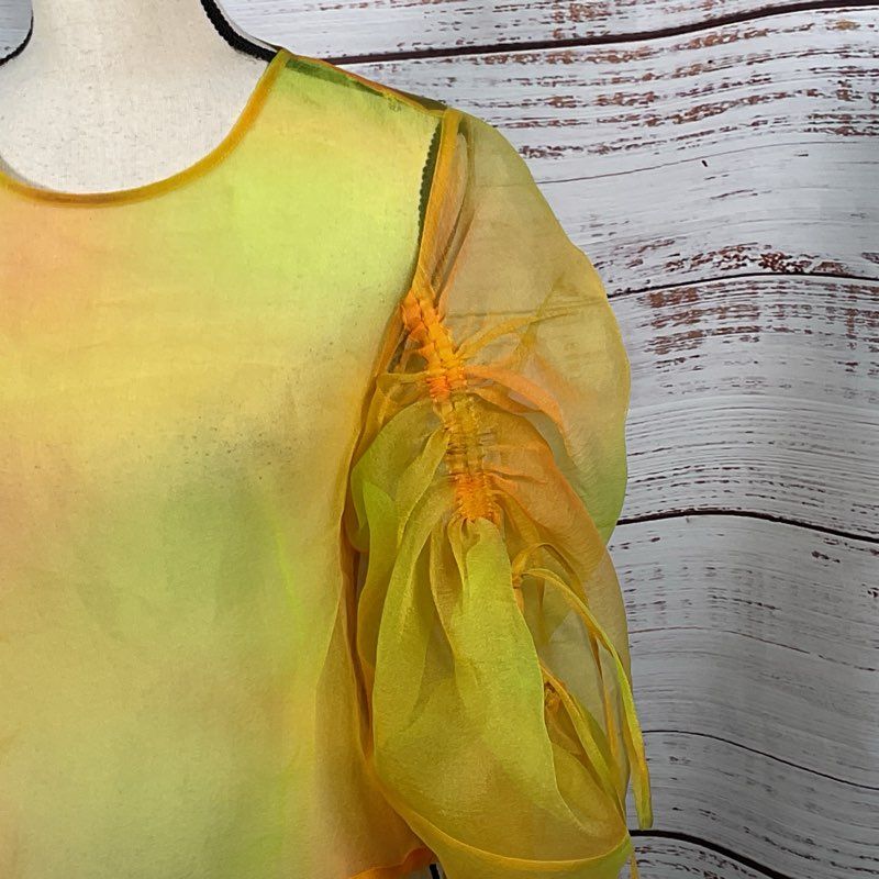 STAUD Women's Yellow/Orange Organza Peplum Rouched Sleeves Blouse- SZ 4