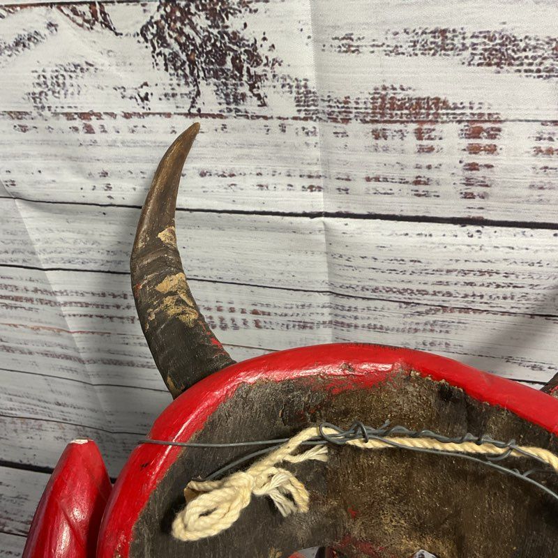 Vintage Wooden Hand Carved And Painted Red Diablo Mask Art W/ Real Animal Horns
