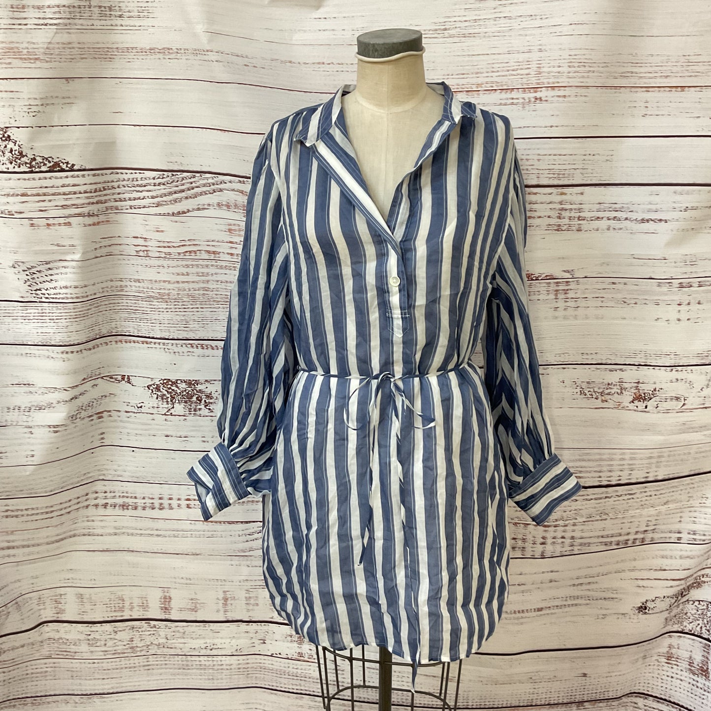 Banana Republic Blue White Stripe Ramie Waist Tie Shirt Dress - Size XL New
