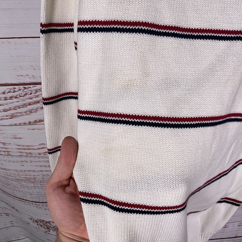 Nautica 100% Cotton Blue & Red Striped White Knit Crewneck Sweater - Size XL