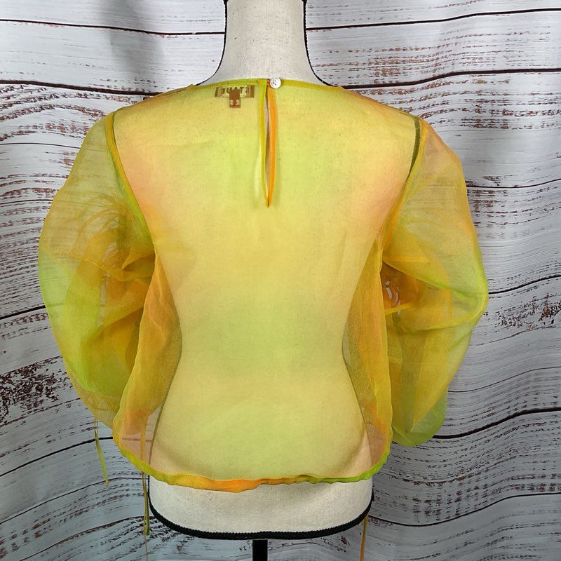 STAUD Women's Yellow/Orange Organza Peplum Rouched Sleeves Blouse- SZ 4