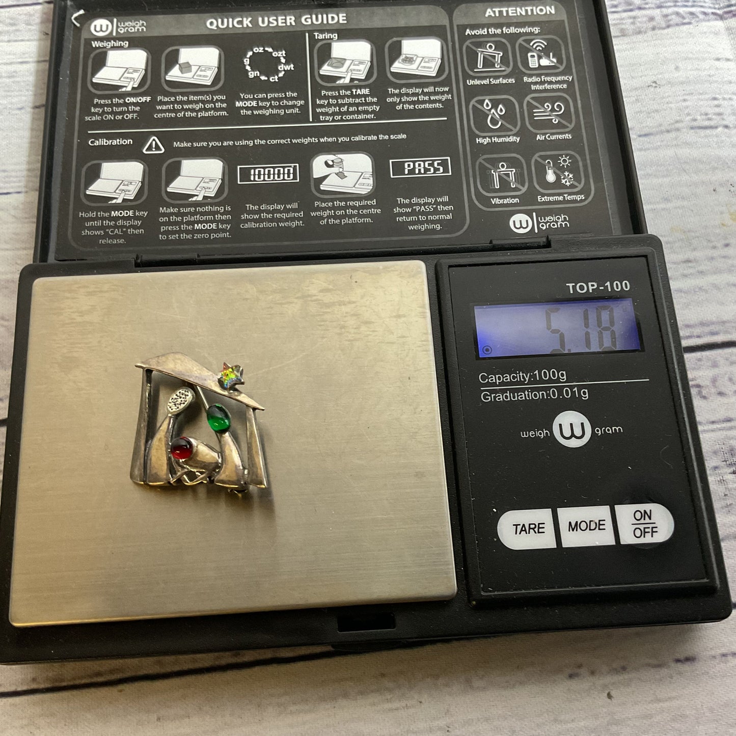 USA Sterling Silver & Rhinestone Nativity Brooch- 1.25" (MISSING STONE)