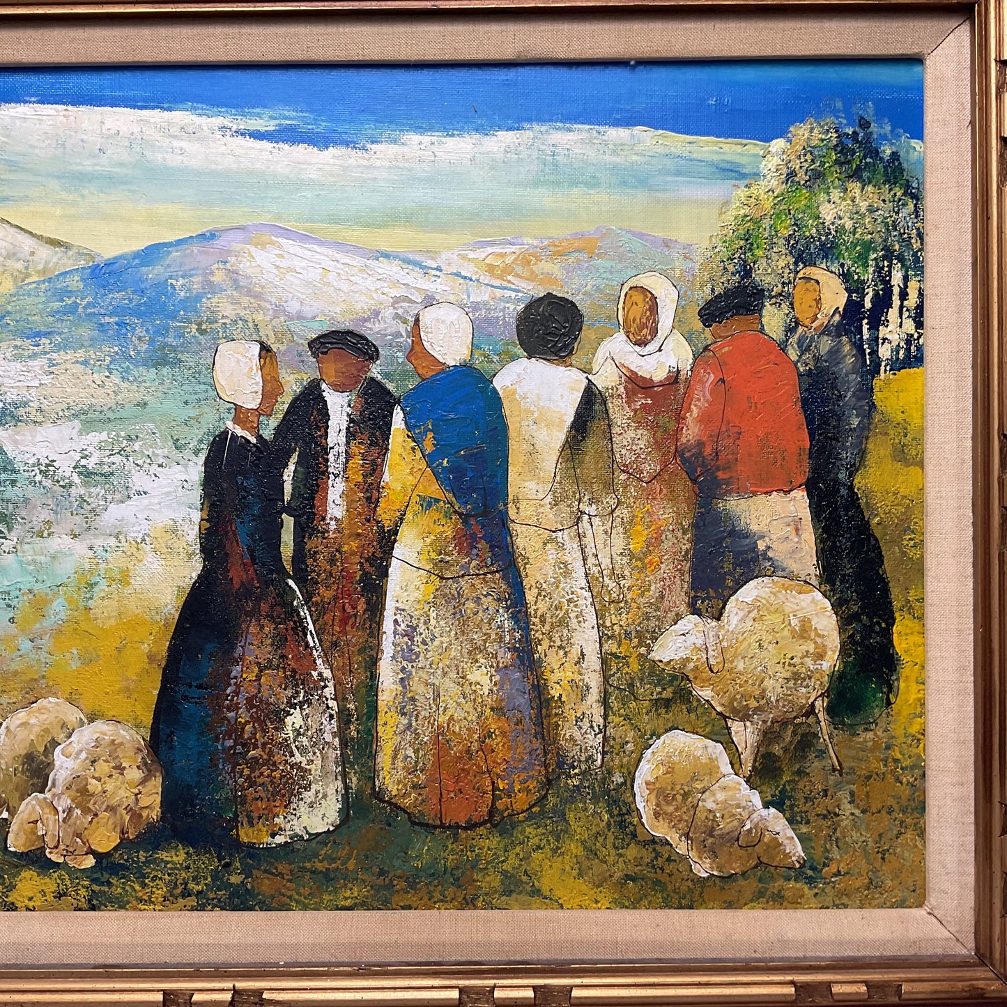 Puritans 1800s Group of People and Sheep Oil on Canvas Painting K. Marion Signed