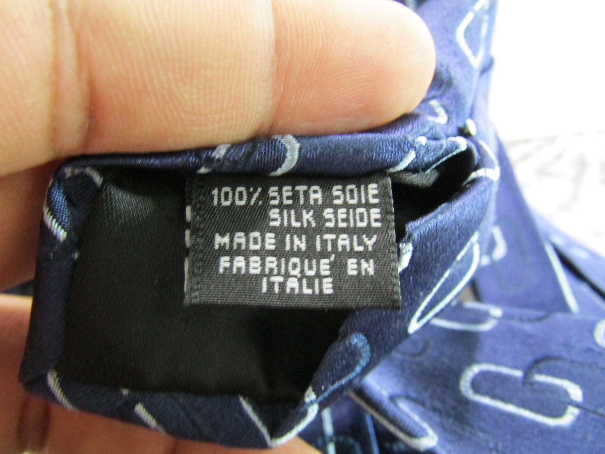Fendi Men's Blue Interlocking Link Print Silk Tie Made in Italy