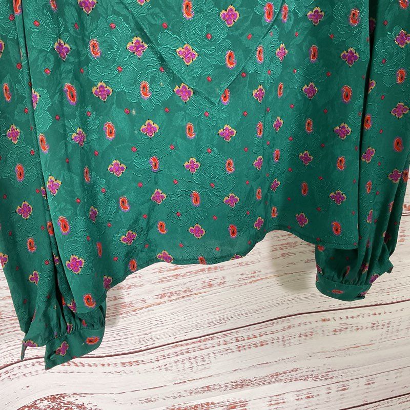 VTG. Oscar De La Renta Green Floral Cape Shoulder Silk Blouse Blouse - Size 10