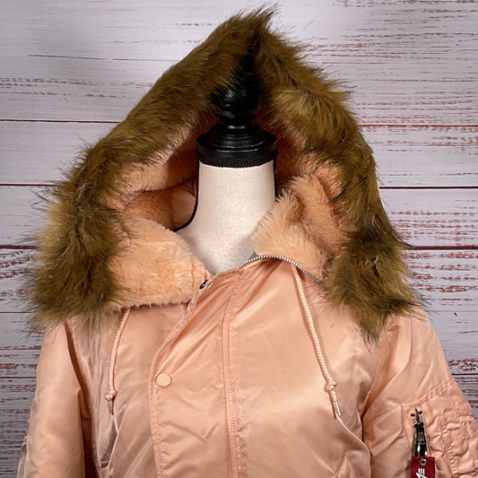 ALPHA INDUSTRIES Women's Pink/Peach Bomber Jacket with Faux Fur Hoodie- SZ M