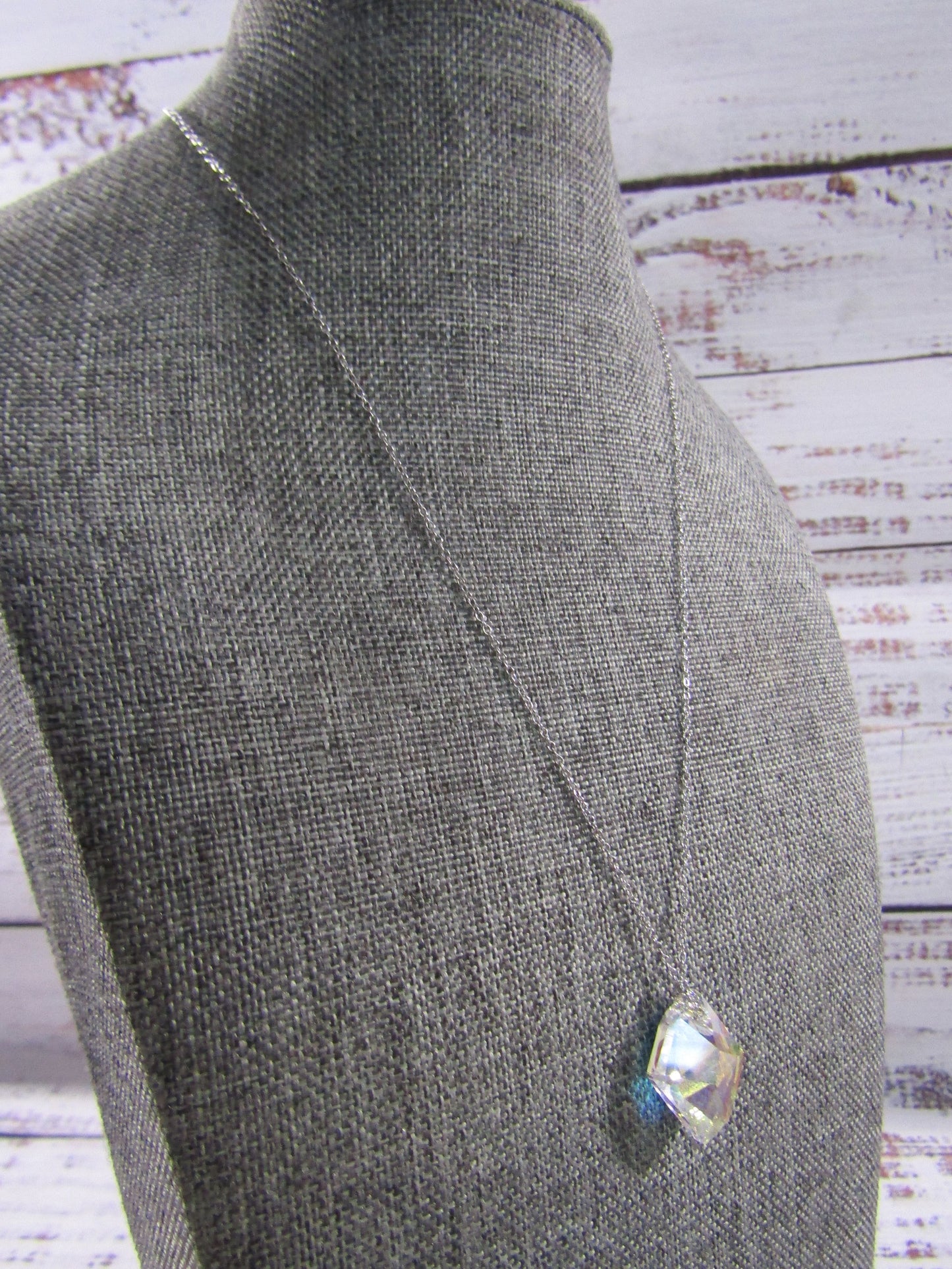 Sterling Silver Rolo Chain Aurora Borealis Crystal Pendant Necklace
