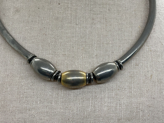 VTG. 70s Bar and Bead Stainless Steel and Brass Necklace- 16"