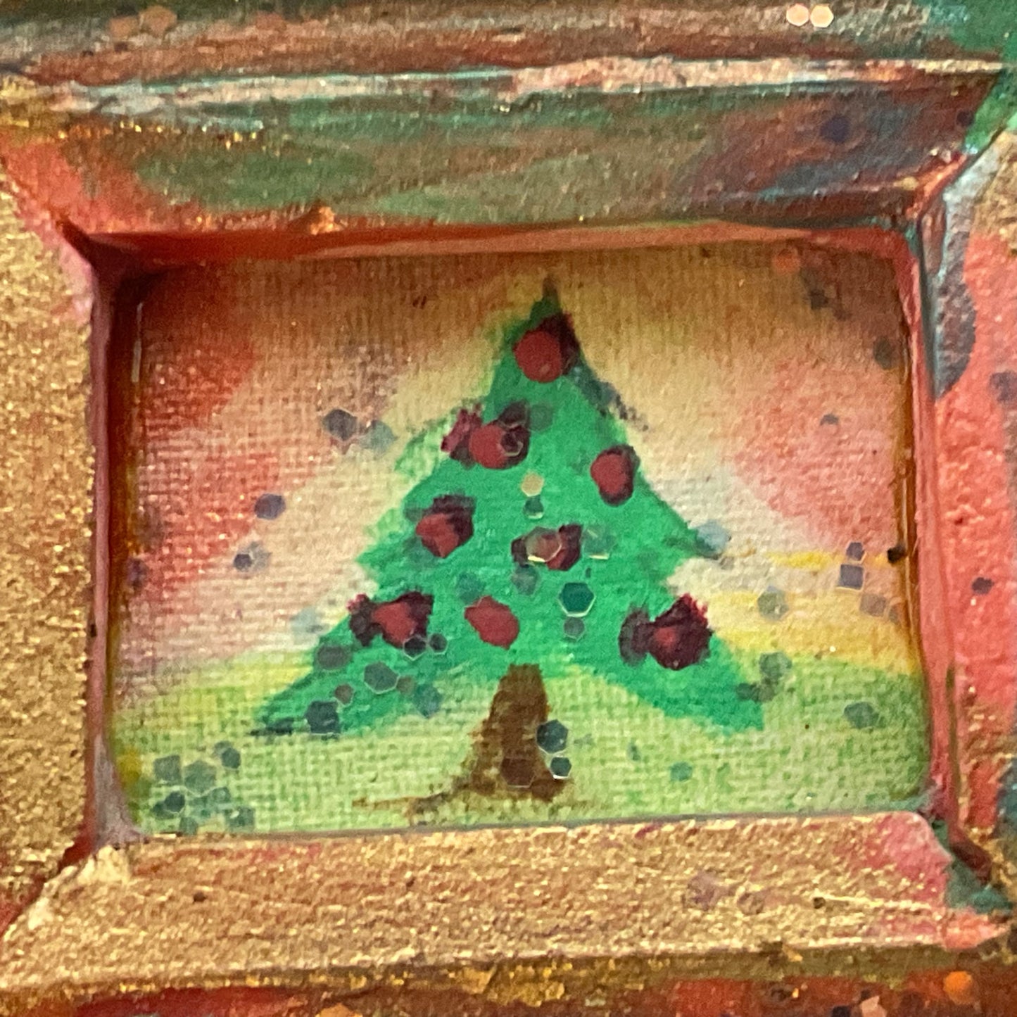 Signed VTG. SCHUPPE SR. Miniature Framed Christmas Tree Painting Brooch- 1.5"