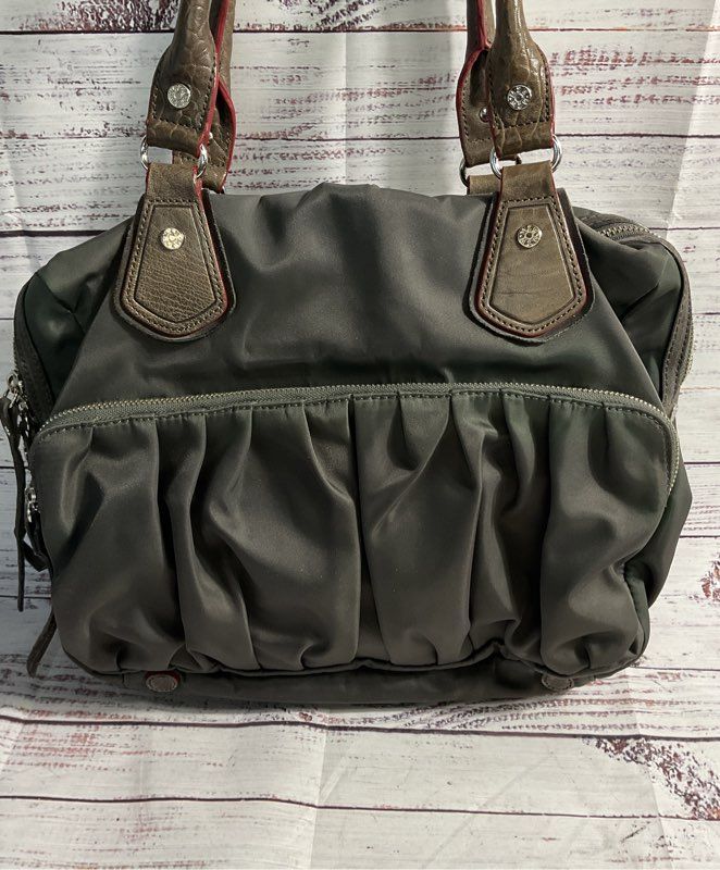 MZ Wallace Jane Gray Bedford Nylon Leather Tote Bag Grey/Green