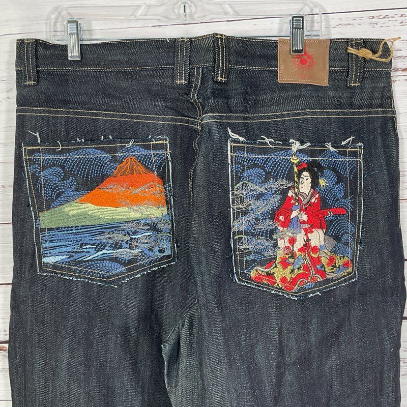 NWOT Japanese Brand BUDA BEAN Men's Embroidered Blue Jeans- SZ 38W x 35"L